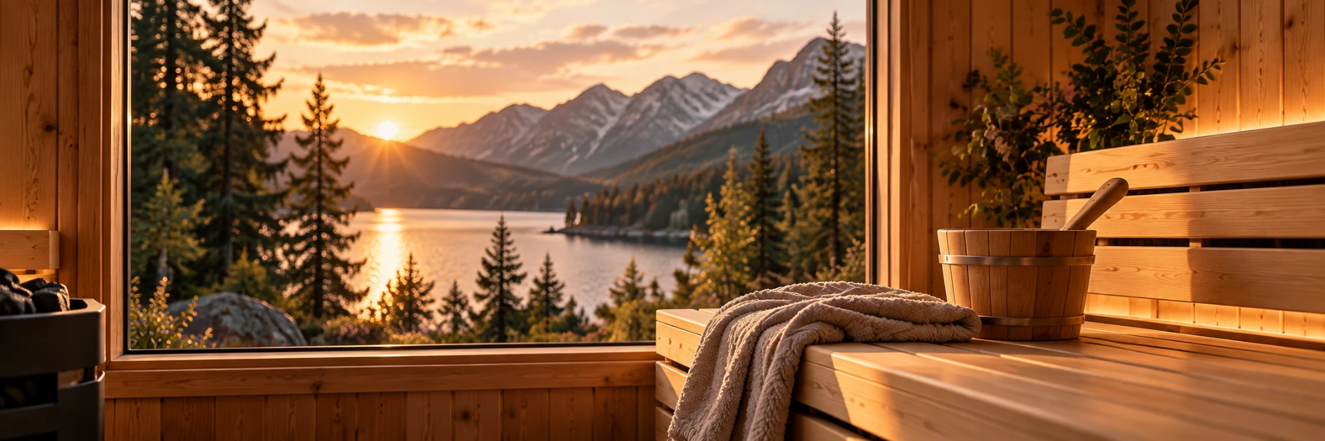 Gemütliche Sauna mit Blick auf einen Bergsee