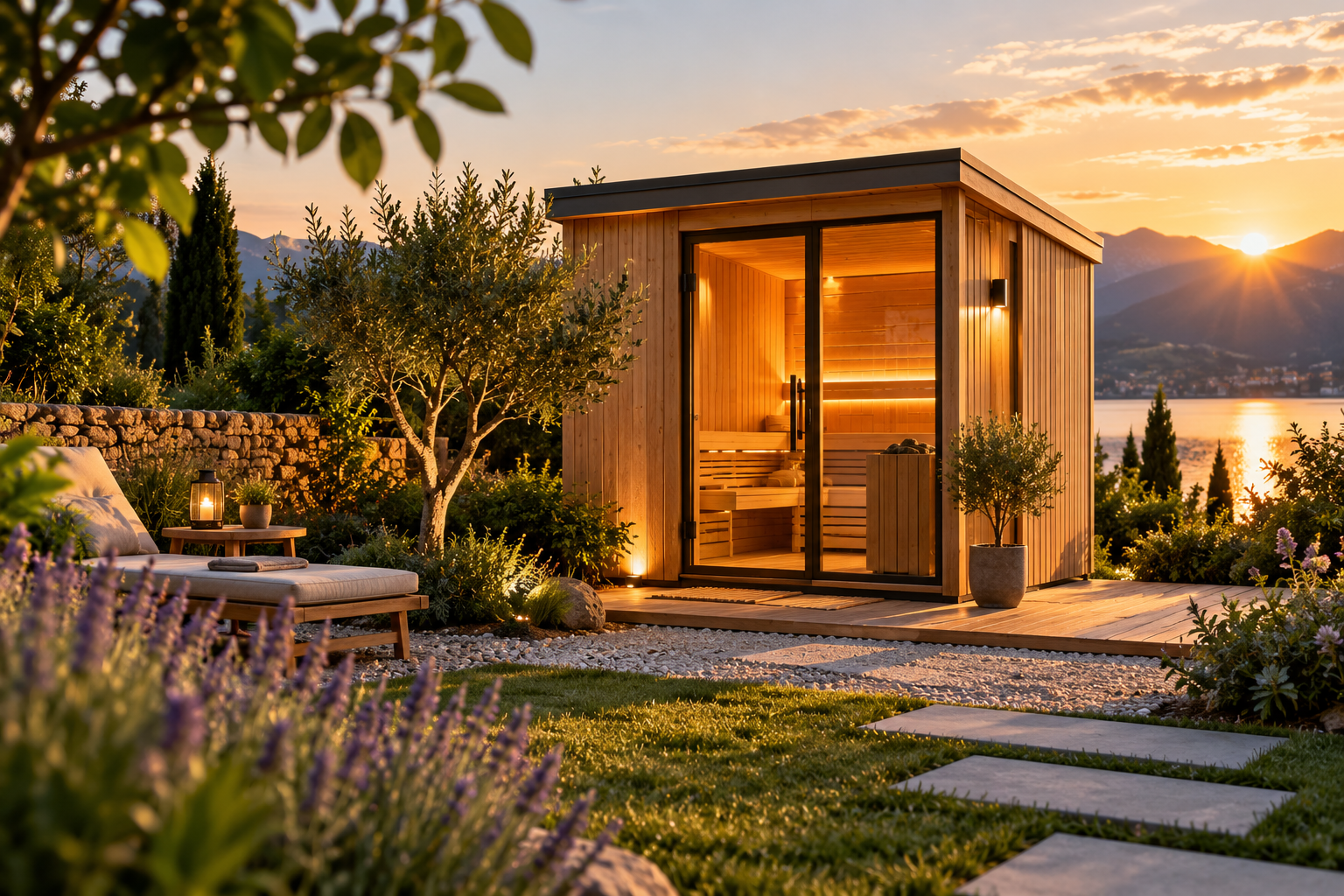 Gartensauna auf einem Grundstück bei Sonnenuntergang