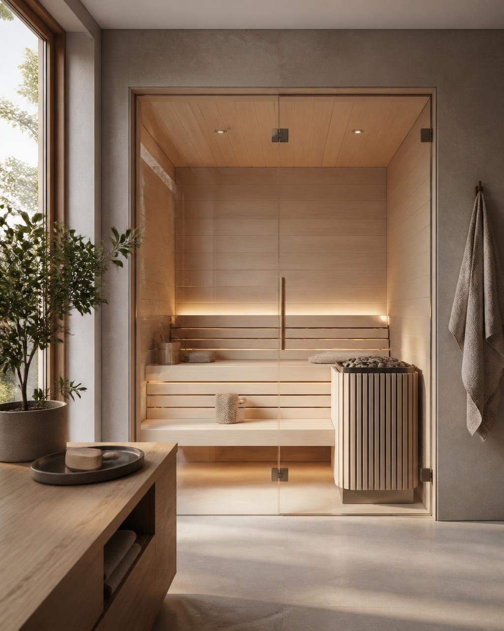 Saunazubehör auf einer Holzbank