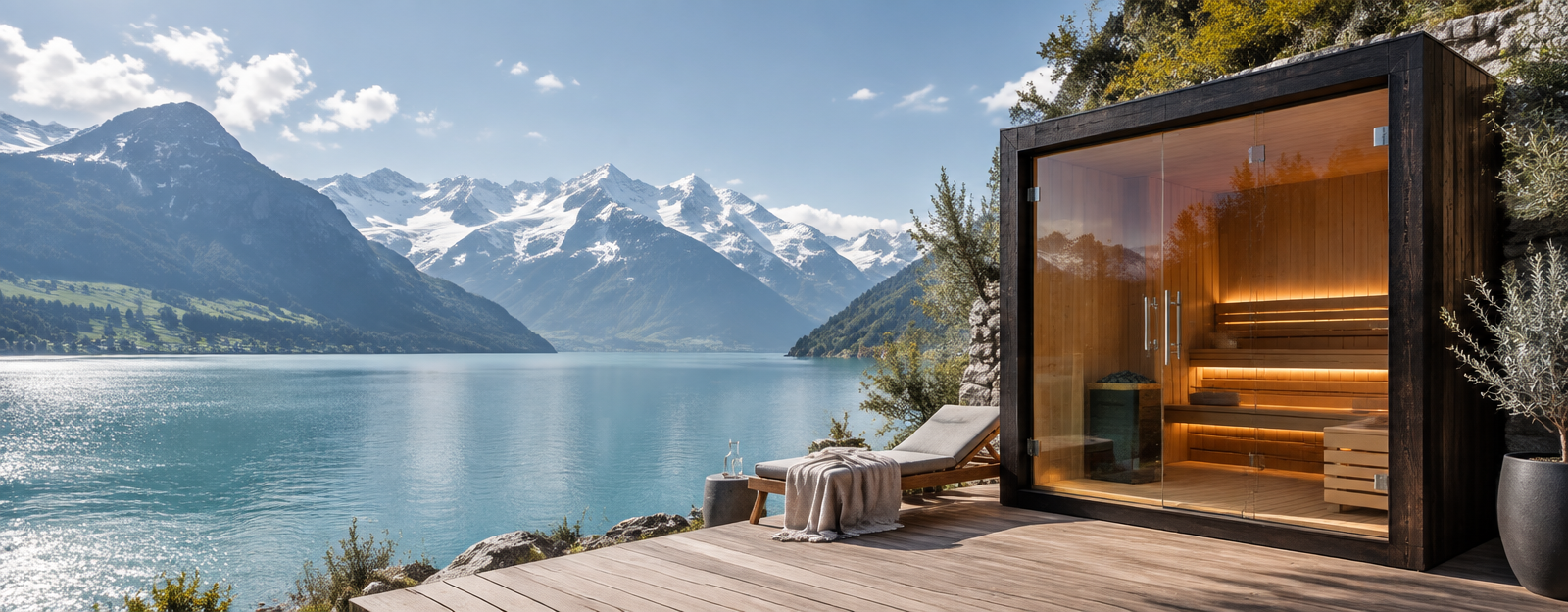 Gartensauna an einem Schweizer See mit Alpenpanorama