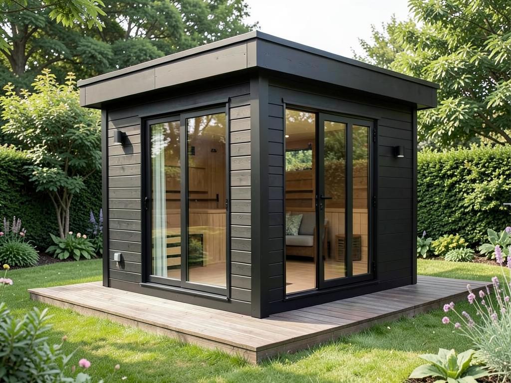 Moderne Gartensauna mit großen Glasflächen im Grünen