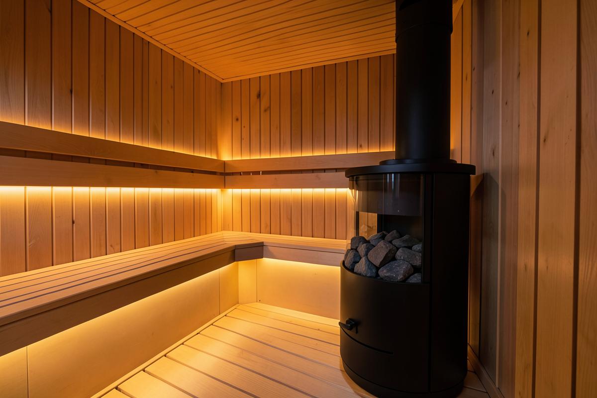 Leistungsstarker Saunaofen in einer großen Holzsauna
